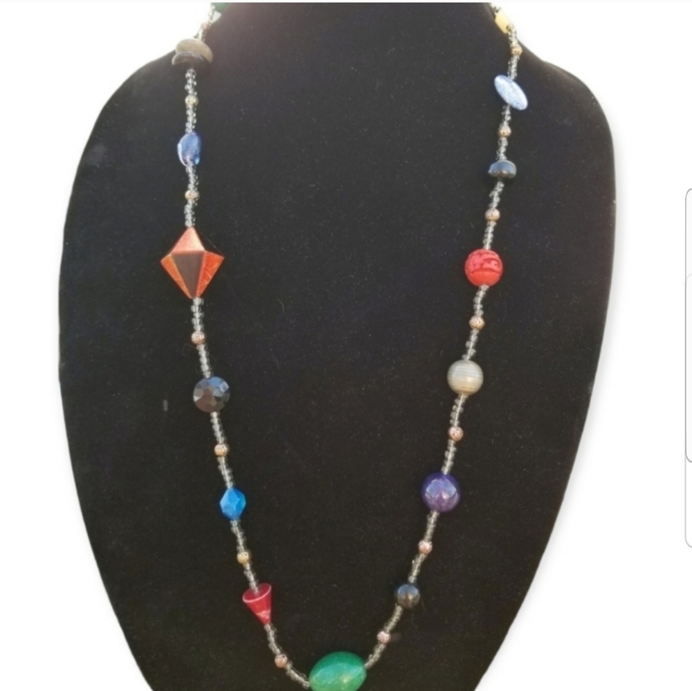 VINTAGE UNIQUE CERAMIC, CINNABAR & GEMSTONE BEADED NECKLACE